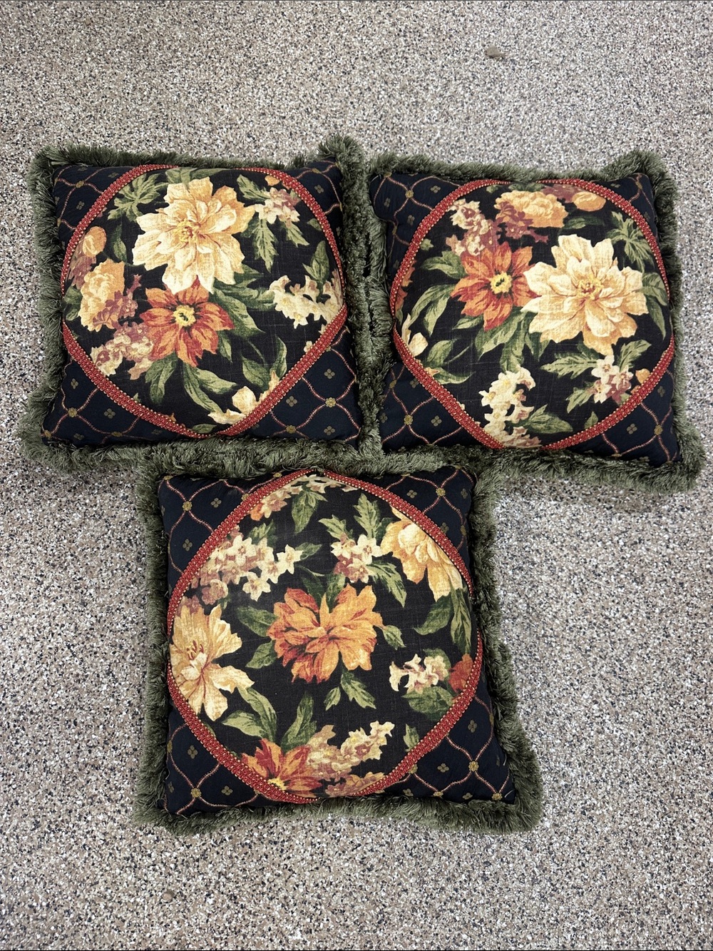 Decorative Floral Fringe Throw Pillow - Black and Gold (x3)
